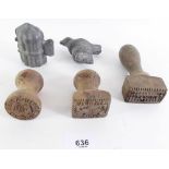 Three treen biscuit stamps including 'York Biscuits', 'American Biscuits' and 'Princes', plus two