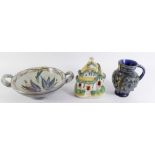 A small Glynn Colledge Denby dish decorated leaves, Victorian Staffordshire cottage and a small