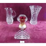 A Stuart cut glass jug, a cut glass vase, rose bowl, napkin holder and a Murano glass gilt and red