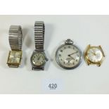 A 1940's watch, chrome pocket watch and two other mechanical watches (one Everite)