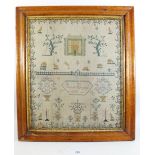 An early 19th century sampler with house, animals and tress by Sarah Eyers 1838, 39 x 32cm