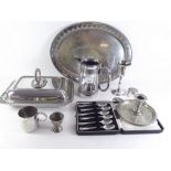 Various silver plated items including entree dish, teaspoons and jug