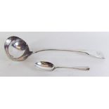 A silver dessert spoon and a silver plated ladle