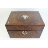 A Victorian rosewood work and toiletry box with mother of pearl inlay and fitted interior