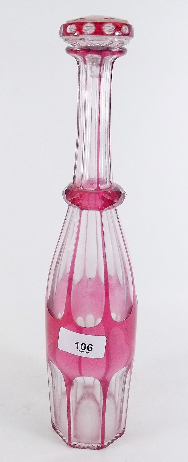 A Bohemian pink flashed decanter with stopper - a/f