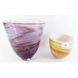 A tall purple Art glass vase - 22cm - and a yellow and brown one - 14cm