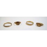 Four 9 carat gold wedding bands and signet rings, 8g total