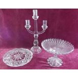 A moulded glass comport, large glass candelabra and cake plate