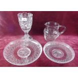 A group of antique glassware comprising celery vase, jug and two dishes