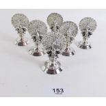 A set of six Mappin and Webb Princes Plate peacock form menu holders