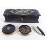 A Victorian lacquer and mother of pearl glove box, two compacts and two bobbins