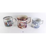 Three 19th century Staffordshire pottery mugs - one in Imari palette, one with chinoiserie scene and