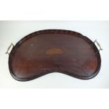 A mahogany shell inlaid kidney shaped two handled tray - a/f