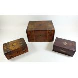 A Victorian Tunbridge Ware writing slope, a marquetry work box - both a/f, and another wooden box