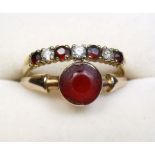 A 9 carat gold ring set red stone - size O, and a 9 carat gold ring set garnets and diamonds -