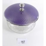 An etched glass powder bowl with silver and enamel lid
