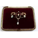 An Art Nouveau gold openwork brooch set opals and diamonds, cased, 4.3g, 3.4cm x 3cm