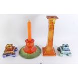 A Carlton Ware Art Deco drip glaze candlestick together with a taller H & K Tunstall candlestick and