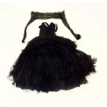 A black lace shoulderless evening dress with boned bodice, full tiered net skirt and shoulder