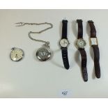 Two modern pocket watches and three wrist watches (Accurist x 2, and one Fossil)