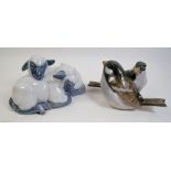 Two Royal Copenhagen Figurines - A pair of lambs and a pair of finches.