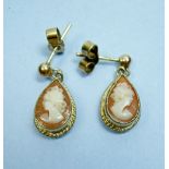 A pair of 9ct gold shell cameo earrings.