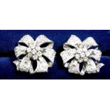 A pair of 18 carat white gold large vintage ribbon and floral cluster diamond set earrings - for