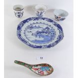 An 18th century Chinese blue and white plate painted landscape, three cups and a spoon