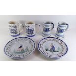 Two Quimper plated printed women - 23cm, and four Delft tankards