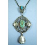 An Arts and Crafts silver pendant set turquoise and freshwater pearls 5.35cm on silver chain (both