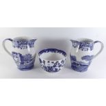 Two Spode blue and white jugs and a Copeland slop bowl