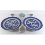 Two Chinese blue and white plates in 18th century style 22cm diameter, and various teaware