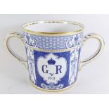 A large Royal Crown Derby porcelain George V Coronation Loving Cup - blue and white decoration