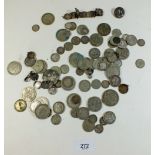 A quantity of silver content coinage including threepences, sixpences, shillings etc. Approx 250g