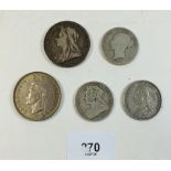 Four silver Victoria coins: halfcrowns 1874, 1887, 1893 and a crown 1896 LX. Plus George VI crown