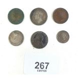 A group of six coins: George III 1795 four pence (older bust). George IV 1826 sixpence, a Victoria