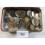 A Toogood's Buttescotch tin containing miscellaneous coinage including farthings through to