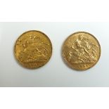 Two Gold Half sovereigns: Edward VII 1902 London Mint. Condition Fair-VF