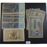 A wad of banknotes including: Imperial 1000 mark 1910 issue 4th April Berlin Nr7680582c, ten 100