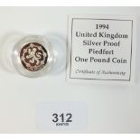 A Royal Mint Issue silver proof Piedfort coin - UK £1 1994 - in case with certificate (Scottish