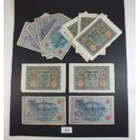 A wad of eight German Imperial banknotes (Reichsbanknote) 100 mark 1908 issue 7th Feb Berlin. Dark