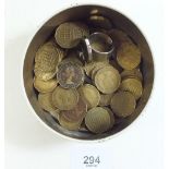 A quantity of brass threepences 0.4 kilos approx. George VI & Eliz II plus home made 1943 ring.