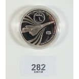 A Jersey silver proof £5 coin celebrating 50th anniversary of Concorde 2019. In case with