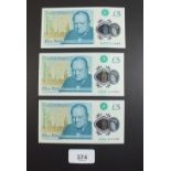 Three new £5 Bank of England Churchill notes with pre-fix AA53: 224634 and 5, and 224689, 2015