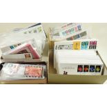 Box full of GB QEII mint decimal presentation packs FV £100+, FDC and special-to-event postmarked