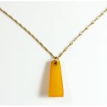 An amber pendant on a 9ct gold chain