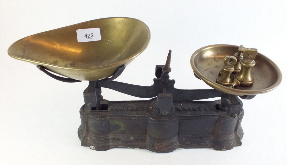 A set of Victorian cast iron and brass scales by Bartlett of Bristol with set of small bell weights,