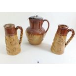 Three 19th century stoneware jugs applied hunting scenes and tavern scenes, largest 16cm tall