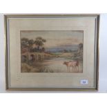 F Herring - watercolour landscape cattle in a river 22 x 31cm