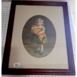 A Victorian oval print of a girl with a cat - 30 x 22cm